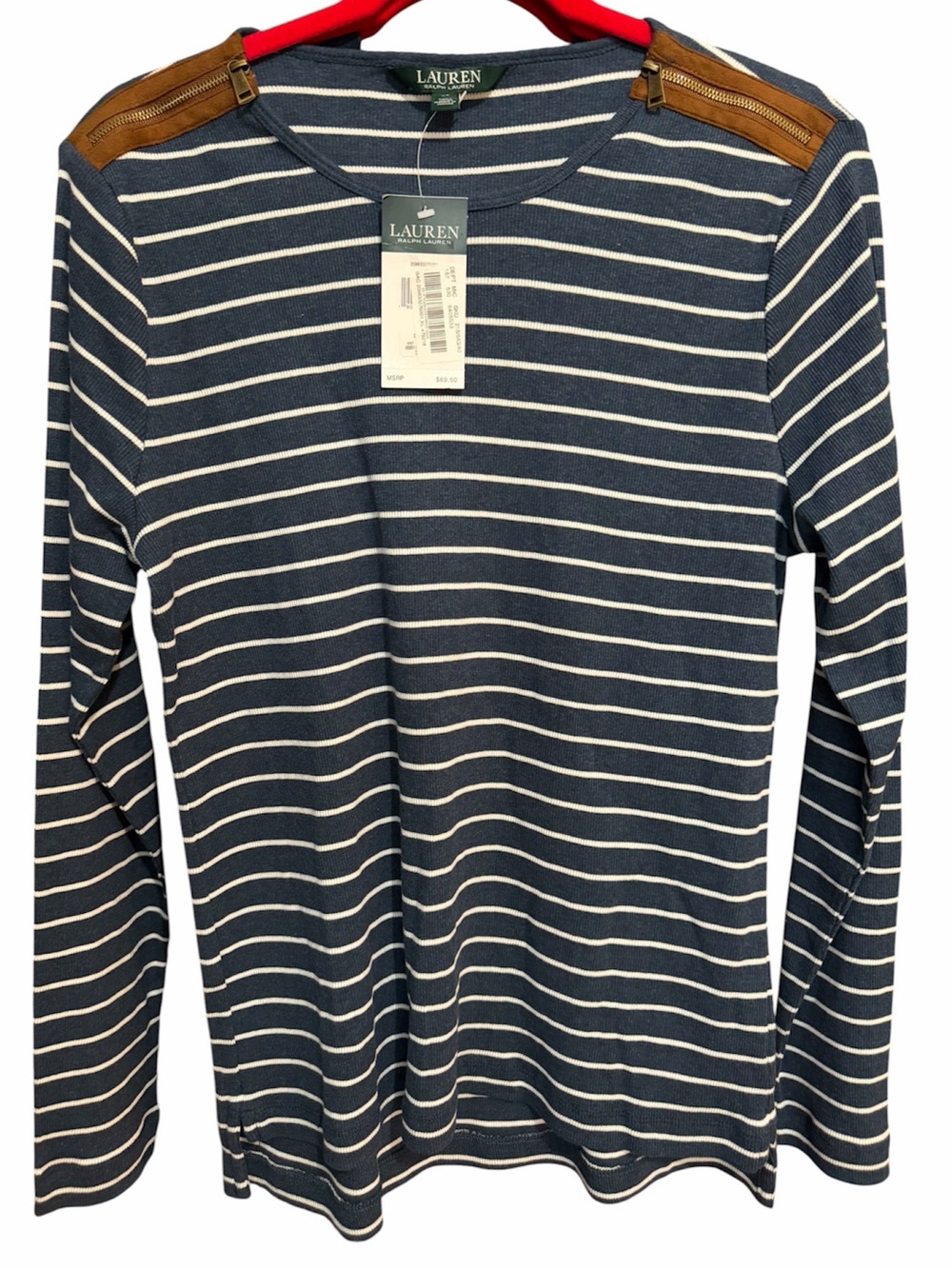 NWT Lauren Ralph Lauren Long Sleeve Knit Top Blue White Striped Zip Patches XL